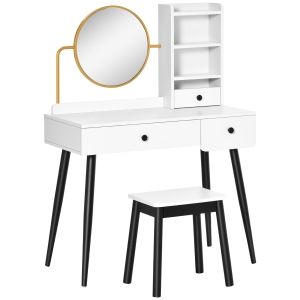 HOMCOM Coiffeuse avec tabouret miroir rond avec 3 tiroirs, 3 étagères piètement hévéa noir panneaux particules blanc