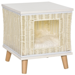 PawHut kattengrot van rotan met kussen kattenslaapplaats natuurlijke nerfkleur rotan kattenmand kattenhuis kattenhut kattenbed huisdierbed PE rotan MDF beige + wit + naturel 36 x 36 x 40 cm