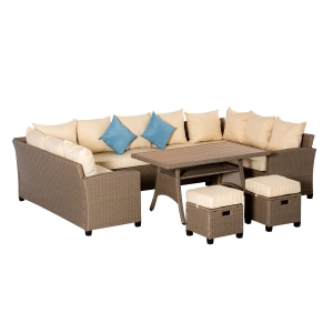 Outsunny 6-teilige Polyrattan Sofagarnitur für Garten und Terrasse inkl. Kissen wetterbeständig Beistelltisch Loungemöbel Braun+Khaki