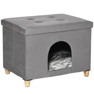 PawHut opvouwbaar kattenhuis en voetenbank, grijs, 60 x 45 x 44,5 cm