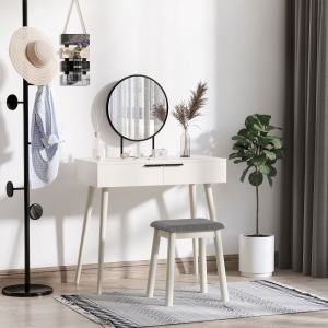 HOMCOM Dressing Table Vanity Set Makeup Desk with Round Mirror Cushioned Stool 2 Drawers for Bedroom Jewelry Storage Set, White