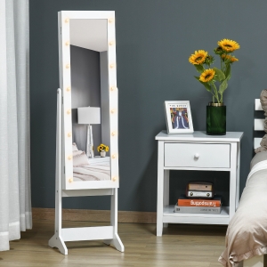 HOMCOM Free Standing LED Mirrored Jewelry Cabinet Armoire Floor Organiser W/ 3 Angle Adjustable For Rings Earrings Bracelets Cosmetics White