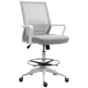 HOMCOM Fauteuil de bureau chaise de bureau assise haute réglable dim. 64L x 59l x 104-124H cm tabouret de bureau pivotant 360° maille respirante gris et blanc