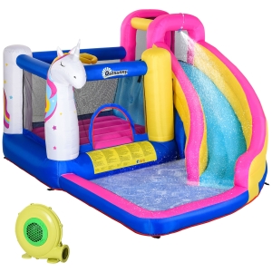 Outsunny Hüpfburg mit Gebläse Rutsche Pool für 4 Kinder aufblasbare Springburg für 3-10 Jahre Kinder Outdoor Wasserpark für Kinder Oxford-, Polyester-Gewebe mehrfarbig 345 x 300 x 210 cm