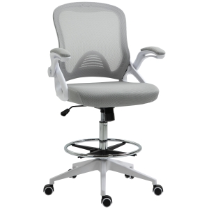 HOMCOM Fauteuil de bureau chaise de bureau assise haute réglable dim. 64L x 60l x 106-126H cm tabouret de bureau pivotant 360° maille respirante gris et blanc