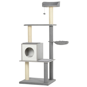 PawHut Kattenboom met krabpaal, klimboom met grot ligvlakken grijs & wit