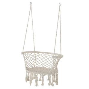 Outsunny Cotton Rope Hanging Hammock Chair, Porch Swing with Metal Frame, Cushion, Large Macrame Seat, Cream White