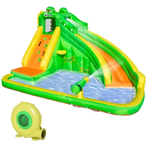 Outsunny opblaasbaar springkasteel met glijbaan en klimmuur Groen+Geel+Blauw 3.85mx 2.85mx 2.25m