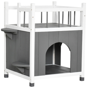 PawHut kattenhuis met balkon kattenhut katten massief hout grijs wit