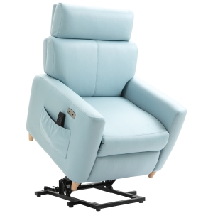 HOMCOM Poltrona Relax Reclinável Poltrona Levanta Pessoas Estofada em Microfibra com Reclinação 143° USB Apoio para a Cabeça Ajustável Apoio para os Pés e Bolso Lateral Carga Máxima 150kg 81x91x103 cm Azul