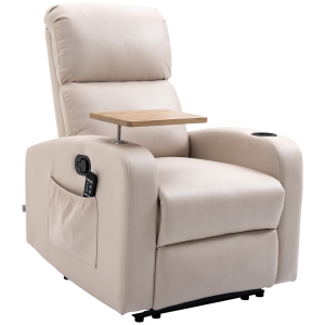 HOMCOM Poltrona de Massagem Poltrona Relax Elétrica com 4 Modos de Vibração Reclinação 145° Estofada em Microfibra Controlo Remoto Mesa 2 Bolsos Laterais e Suporte para Copos 77x93x105cm Bege