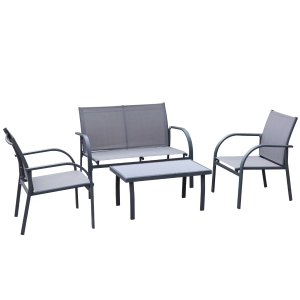 Outsunny 4 Pcs Curved Steel Outdoor Dining Set w/ Loveseat 2 Chairs Glass Top Table Grey