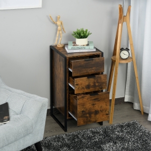 HOMCOM Industrial 3-Drawer Storage Chest Cabinet Organizer Metal Frame Freestanding Unit, Perfect for Bedroom Living Room, Brown