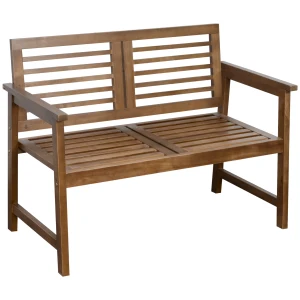 Outsunny Wooden Garden Bench, 2-Seater Outdoor Patio Loveseat, with Backrest and Armrest, Yard Lawn Porch Furniture, Brown