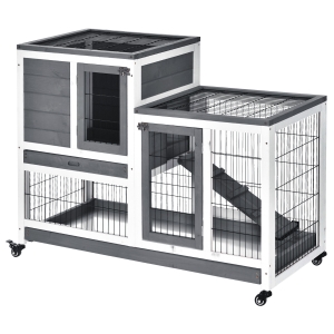 PawHut Clapier à lapin sur roulettes cage à lapin intérieur extérieur 2 étages 2 portes verrouillables 2 plateaux coulissants rampe bois de sapin gris blanc
