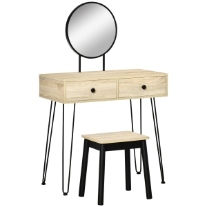 HOMCOM Coiffeuse avec tabouret inclus 2 tiroirs pieds en épingle miroir rond - panneau particules et métal - dim. 80L x 40l x 125H cm