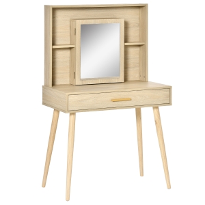 HOMCOM Coiffeuse avec miroir, étagères et tiroir, table de maquillage scandinave, pieds effilés bois d'hévéa, panneaux particules, naturel