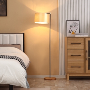 HOMCOM Lampă de podea cu abajur din material textil și bază din lemn, Fixare E27, 48x32x152cm - auriu / negru