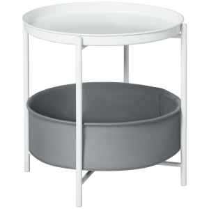 HOMCOM Mesa Auxiliar Moderna con Bandeja y Cesta Extraíble Mesa de Salón Redonda con Marco de Acero para Dormitorio Oficina 46x46x48 cm Blanco