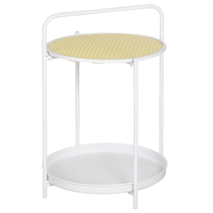 HOMCOM Mesa Auxiliar Moderna con Estante de Ratán Plástico Bandeja Extraíble y Asa Portátil Mesa de Salón Redonda con Marco de Acero para Dormitorio Oficina 43,5x42,5x60 cm Blanco