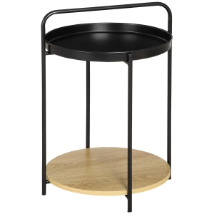 HOMCOM Mesa Auxiliar Moderna con Estante de Madera y Bandeja Extraíble Asa Portátil Mesa de Salón Redonda con Marco de Acero para Dormitorio Oficina 43,5x42,5x60 cm Negro y Natural