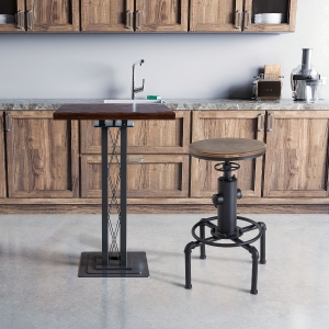 HOMCOM Vintage Industrial Bar Stool Height Adjustable Swivel Kitchen Dining Stool Chair Round Natural Pinewood Seat Metal Footrest (Type F)