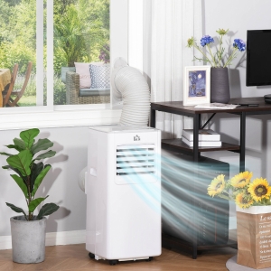 HOMCOM 5000 BTU 4-In-1 Compact Portable Mobile Air Conditioner Unit Cooling Dehumidifying Ventilating w/ Fan Remote LED Display 24 Hr Timer Auto Shut Down Home Office Summer, White