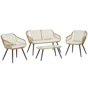 Outsunny Ensemble salon de jardin 4 pièces canapé 2 places + 2 fauteuils + 1 table basse plateau verre trempé 7 coussins - acier et résine imitation rotin - beige