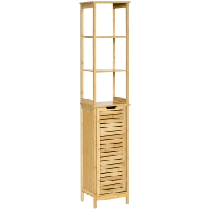Kleankin Bathroom Floor Cabinet with 3 Shelves and Cupboard, Slim and Freestanding Organiser, Tallboy with Storage, Natural