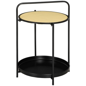 HOMCOM Round Side Table with Detachable Tray and Plastic Rattan Shelf, End Table with Steel Frame, Black
