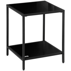 HOMCOM Side Table with Tempered Glass Top, End Table with 2-Tier Storage, Classic Accent Table with Steel Frame, Black