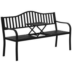 Outsunny Gartenbank mit ausziehbarem Tisch für 2-3 Personen Parkbank aus Metall Sitzbank Bank Terrassenbank mit Rücken- & Armlehnen Gartenmöbel Schwarz 150 x 58,5 x 90 cm