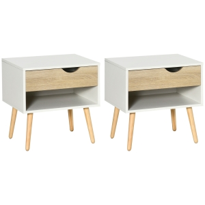 HOMCOM Set de 2 Mesitas de Noche Mesa Auxiliar con 1 Cajón y Estante de Almacenamiento con para Dormitorio Salón Cama Oficina Estilo Moderno 50x39x51 cm Blanco y Roble