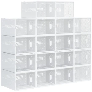 HOMCOM Stackable Clear Shoe Storage Box, 18PCS, Plastic with Magnetic Door, for Sizes up to UK 12/EU 46, Transparent