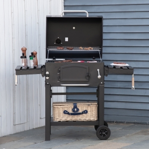 Outsunny Gratar cu Carbune 3 in 1 cu Rafturi Laterale Pliabile 124x66x112cm, Negru