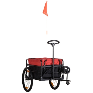HOMCOM Reboque de Bicicleta para Carga 40kg Carrinho de Transporte com Bandeira Guiador Desmontável Estrutura de Aço e Refletores 130x64x103cm Preto e Vermelho
