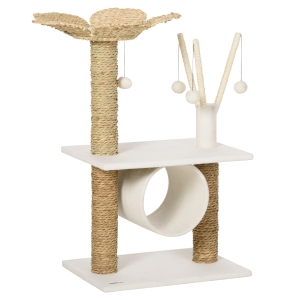 PawHut Árvore Arranhador para Gatos Médios Altura 91cm Torre para Gatos com Cama em Forma de Flor Plataformas Postes de Arranhar Túnel e Bolas Suspensas 56x40x91cm Branco e Bege
