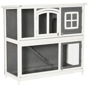 Pawhut Kleintierstall Kleintierkäfig Zwergkaninchenstall mit Bodenwanne und Rampe 2 Ebenen Hasenstall Kleintierhaus Tannenholz Weiß+Grau 117 x 49 x 108 cm
