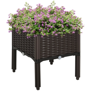 Outsunny verhoogd bed, plantenbak met afwateringsgaten, bloembak in rotan-look, PP, bruin