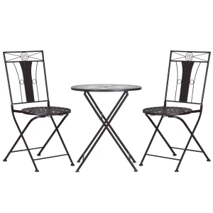 Outsunny 3-Piece Bistro Set, Patio Garden Furniture with Mosaic Table and 2 Foldable Armless Chairs, Metal Frame for Poolside, Coffee