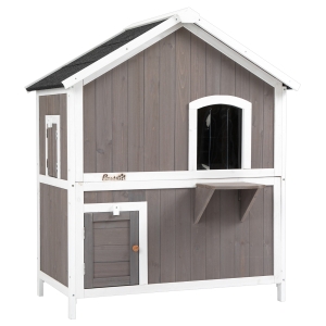 PawHut Katzenhaus Tannenholz Kleintierhaus für Katzen 2 Ebenen Katzenhütte mit Plattform Katzenhöhle für drinnen und draußen Katzengehege wärmeisoliert wetterfest Grau 100 x 62,5 x 119 cm