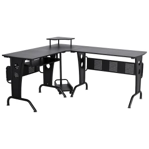 HOMCOM L-Shaped Corner Work Desk Gaming Office w/ Steel Frame CPU Rack Keyboard Tray Space-Saving Melamine Coating Computer Home Workstation Black