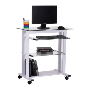 HOMCOM Mobile Glass Computer Desk, Workstation on Wheels, Laptop PC Desk for Home Office, White.
