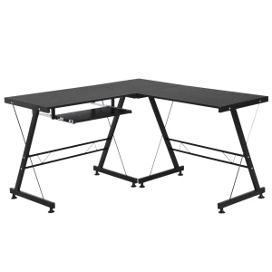HOMCOM L Shape Office Gaming Desk, Straight Corner Table, Computer Work Station, Laminated, Sturdy, with Keyboard Tray, Black
