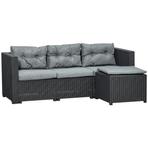 Salon de jardin canapé 3 places + pouf 7 coussins PP rotin tressé gris
