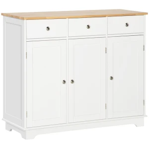 HOMCOM Modern Sideboard with Rubberwood Top, Buffet Cabinet with Storage Cabinets, Drawers and Adjustable Shelves for Living Room, Kitchen, White
