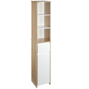kleankin Badregal Badregal Badmöbel Badezimmerschrank mit Verstellbares Regal Hochschrank Standschrank mit 3-stufigen offenen Regal Schrank Schublade Umschlagdesign platzsparend MDF Naturholz+Weiß