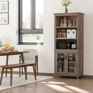 HOMCOM Freestanding Kitchen Cupboard, with Three Open Shelves, Glass Door Cabinet – Brown