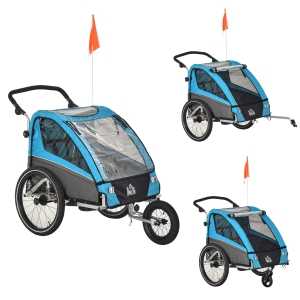 HOMCOM 3 in 1 Kinderanhänger Kinder Jogger Fahrradanhänger mit 360 Grad schwenkbarem Vorderrad Radanhänger für 2 Kinder mit Schwingungsdämpfungssystem Aufbewahrungstasche Wetterschutz Aluminium Blau