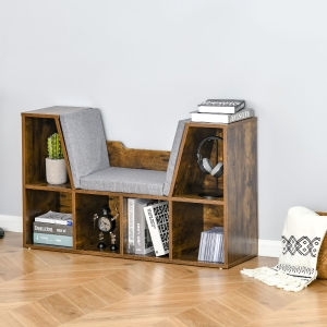 HOMCOM Bookcase Shelf Storage Seat with Cushion Sideboard Kids Children Reading Bedroom Living Room Organizer Rustic Brown